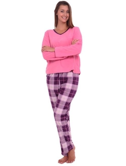 Women's Warm Fleece Pajamas, Long V Neck Pj Set