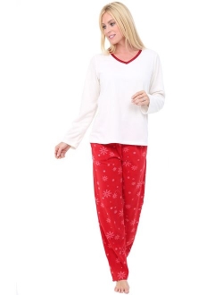 Women's Warm Fleece Pajamas, Long V Neck Pj Set