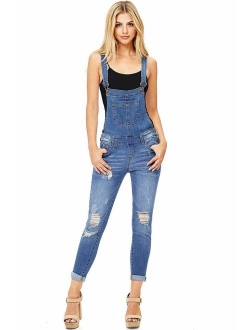 wax jean Women's Junior Ankle Length Skinny Leg Distressed Denim Overalls