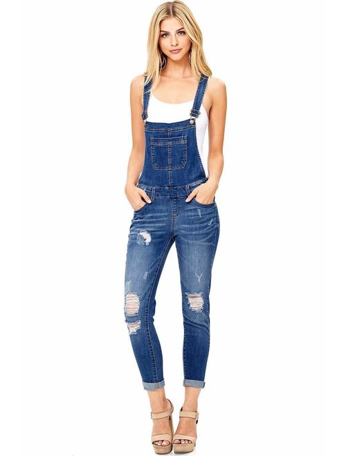 wax jean Women's Junior Ankle Length Skinny Leg Distressed Denim Overalls