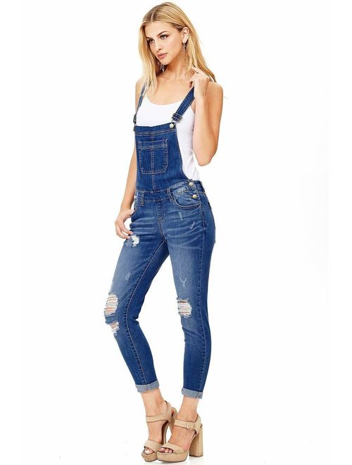 wax jean Women's Junior Ankle Length Skinny Leg Distressed Denim Overalls