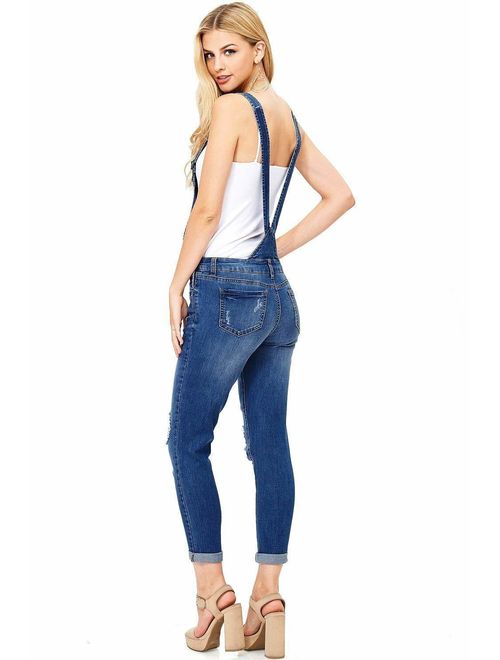 wax jean Women's Junior Ankle Length Skinny Leg Distressed Denim Overalls