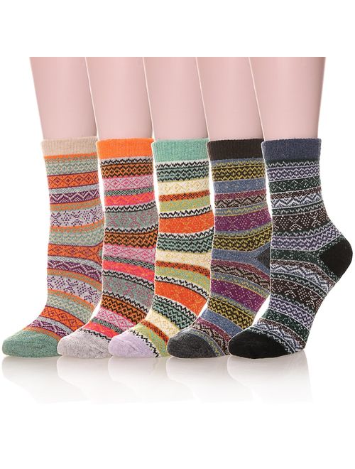 Womens 5 Pairs Soft Thick Comfort Casual Cotton Warm Wool Crew Winter Socks