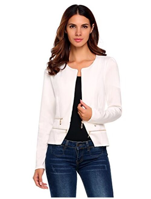 Zeagoo Women's Casual Zipper Cardigan Blazer O Neck Slim Fitted Office Jacket