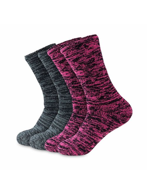 Hot Feet Women's 2 Pairs Heavy Thermal Socks - Thick Insulated Crew for Cold Winter Weather; Sock Size 9-11, Shoe Size 4-10.5