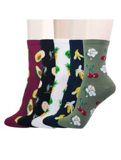 YourFeet Women's 5 Pairs Cotton Fun Fruits Food Designed Novelty Crew Socks Gifts Size 6-9