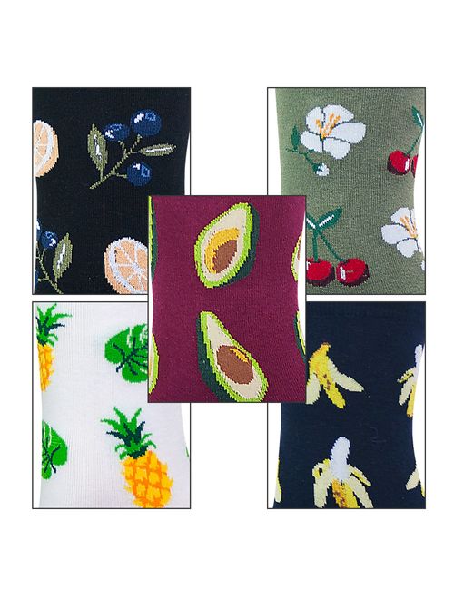 YourFeet Women's 5 Pairs Cotton Fun Fruits Food Designed Novelty Crew Socks Gifts Size 6-9