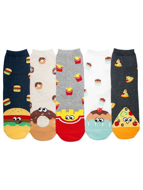 YourFeet Women's 5 Pairs Cotton Fun Fruits Food Designed Novelty Crew Socks Gifts Size 6-9