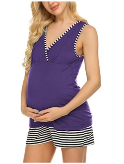 Womens Maternity Nursing Pajamas Shorts Set Stripe Soft Pregnancy Breastfeeding Sleepwear (S-XXL)