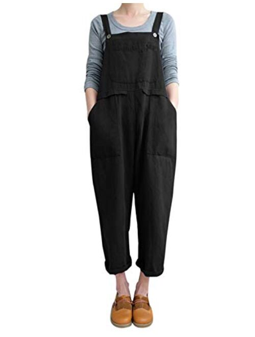 Gihuo Women's Fashion Baggy Loose Linen Overalls Jumpsuit with Pockets