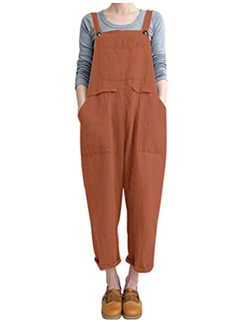 Gihuo Women's Fashion Baggy Loose Linen Overalls Jumpsuit with Pockets