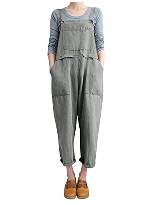 Gihuo Women's Fashion Baggy Loose Linen Overalls Jumpsuit with Pockets