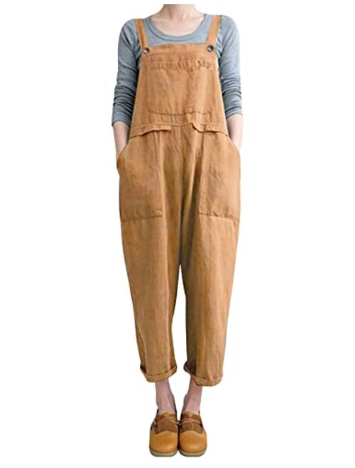 Gihuo Women's Fashion Baggy Loose Linen Overalls Jumpsuit with Pockets