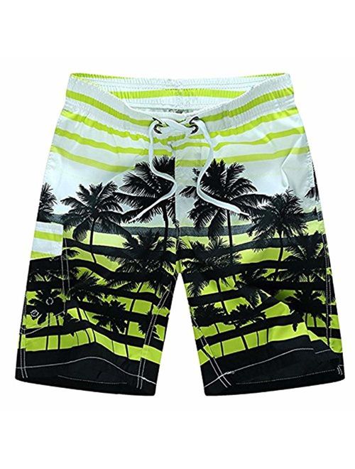 Newland Men's Colorful Stripe Coconut Tree Beach Shorts Swim Trunks