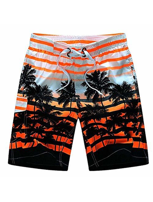 Newland Men's Colorful Stripe Coconut Tree Beach Shorts Swim Trunks