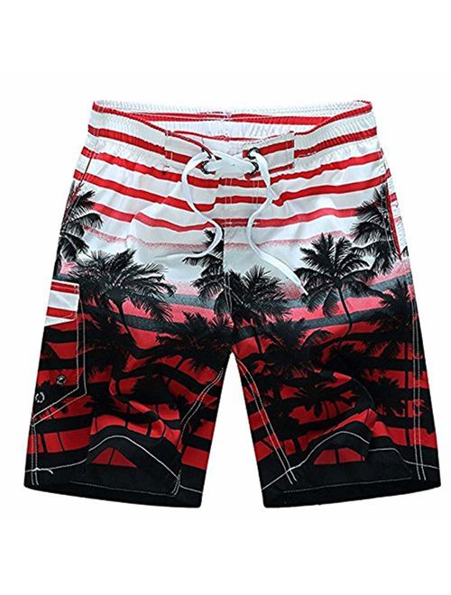 Newland Men's Colorful Stripe Coconut Tree Beach Shorts Swim Trunks