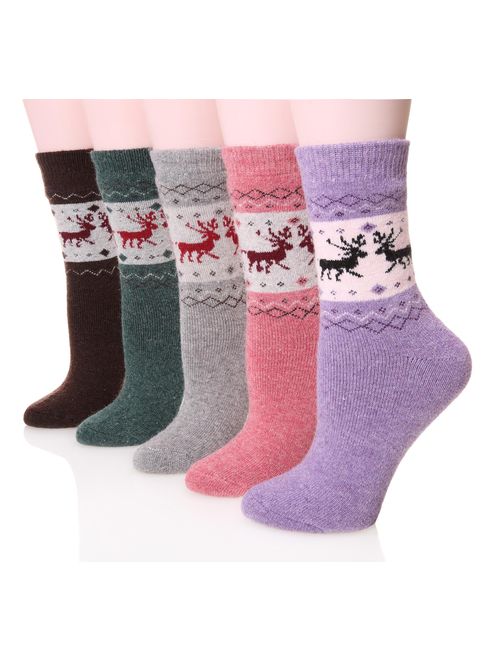 Womens Wool Socks Thick Heavy Thermal Fuzzy Winter Warm Deer Crew Socks For Cold Weather 5 Pack