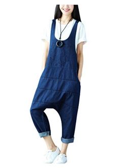 Yeokou Women's Loose Baggy Denim Wide Leg Drop Crotch Jumpsuit Rompers Overalls