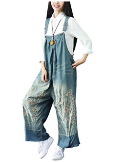 Yeokou Women's Loose Baggy Denim Wide Leg Drop Crotch Jumpsuit Rompers Overalls