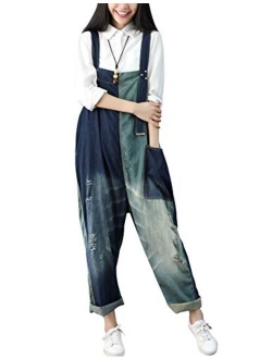 Yeokou Women's Loose Baggy Denim Wide Leg Drop Crotch Jumpsuit Rompers Overalls