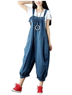 Yeokou Women's Loose Baggy Denim Wide Leg Drop Crotch Jumpsuit Rompers Overalls