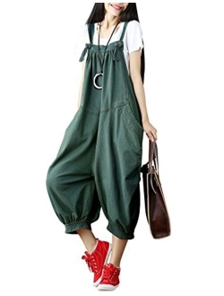 Yeokou Women's Loose Baggy Denim Wide Leg Drop Crotch Jumpsuit Rompers Overalls