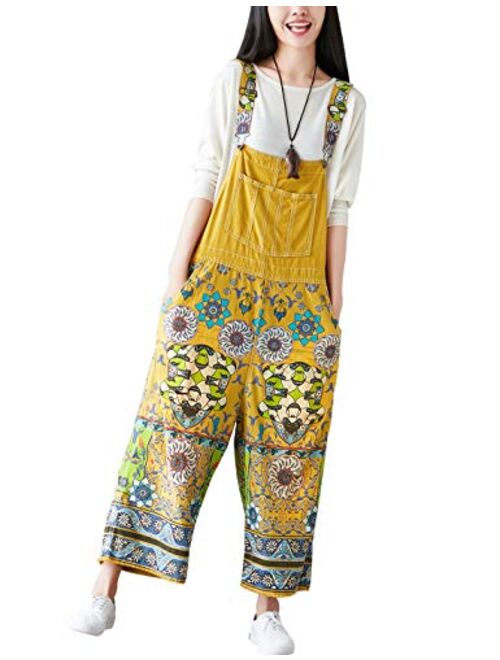 Yeokou Women's Loose Baggy Denim Wide Leg Drop Crotch Jumpsuit Rompers Overalls