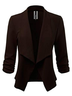 FASHIONOLIC Women's Stretch 3/4 Gathered Sleeve Open Blazer Jacket (Made in USA)