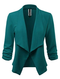 FASHIONOLIC Women's Stretch 3/4 Gathered Sleeve Open Blazer Jacket (Made in USA)