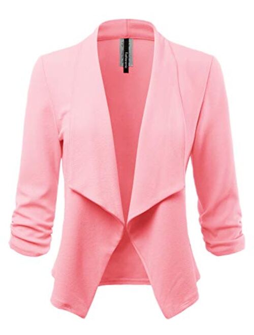 FASHIONOLIC Women's Stretch 3/4 Gathered Sleeve Open Blazer Jacket (Made in USA)