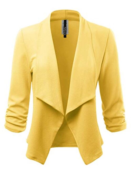 FASHIONOLIC Women's Stretch 3/4 Gathered Sleeve Open Blazer Jacket (Made in USA)