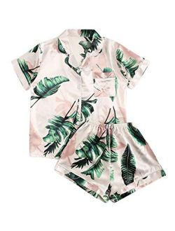 Women's Notch Collar Palm Leaf Print Sleepwear Two Piece Pajama Set