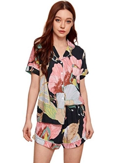 Women's Notch Collar Palm Leaf Print Sleepwear Two Piece Pajama Set