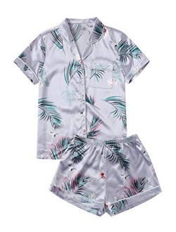 Women's Notch Collar Palm Leaf Print Sleepwear Two Piece Pajama Set