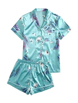 Women's Notch Collar Palm Leaf Print Sleepwear Two Piece Pajama Set