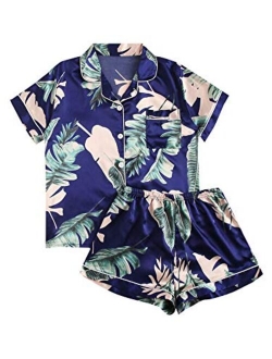 Women's Notch Collar Palm Leaf Print Sleepwear Two Piece Pajama Set