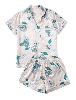 Women's Notch Collar Palm Leaf Print Sleepwear Two Piece Pajama Set