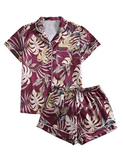 Women's Notch Collar Palm Leaf Print Sleepwear Two Piece Pajama Set