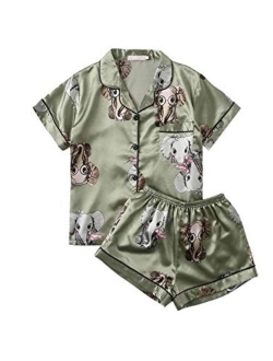 Women's Notch Collar Palm Leaf Print Sleepwear Two Piece Pajama Set