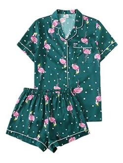 Women's Notch Collar Palm Leaf Print Sleepwear Two Piece Pajama Set