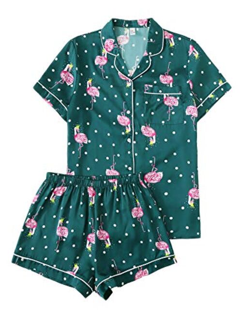 Floerns Women's Notch Collar Palm Leaf Print Sleepwear Two Piece Pajama Set