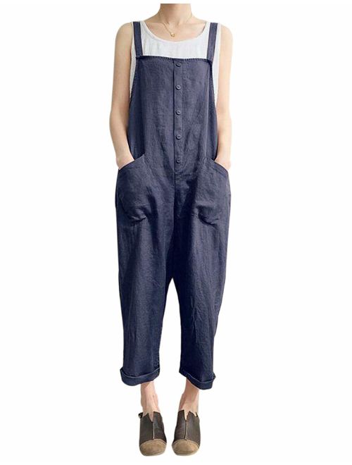 Gihuo Women's Baggy Loose Cotton Linen Bib Overalls Jumpsuits