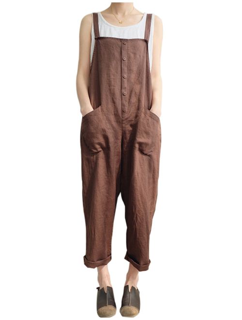 Gihuo Women's Baggy Loose Cotton Linen Bib Overalls Jumpsuits