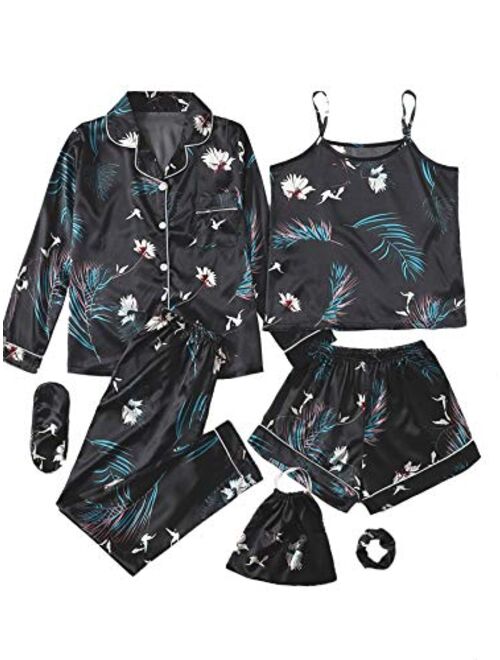 SheIn Women's 7pcs Pajama Set Cami Pjs with Shirt and Eye Mask