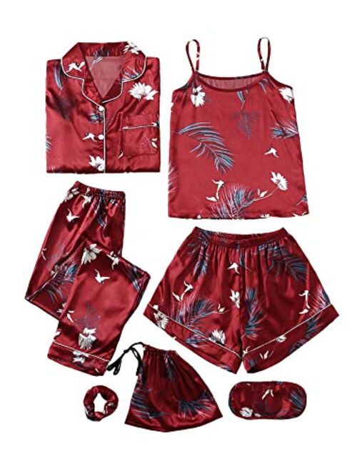 SheIn Women's 7pcs Pajama Set Cami Pjs with Shirt and Eye Mask