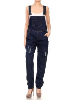 ANNA-KACI Womens Distressed Denim Overalls with Tapered Leg and Pockets