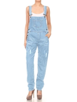 ANNA-KACI Womens Distressed Denim Overalls with Tapered Leg and Pockets