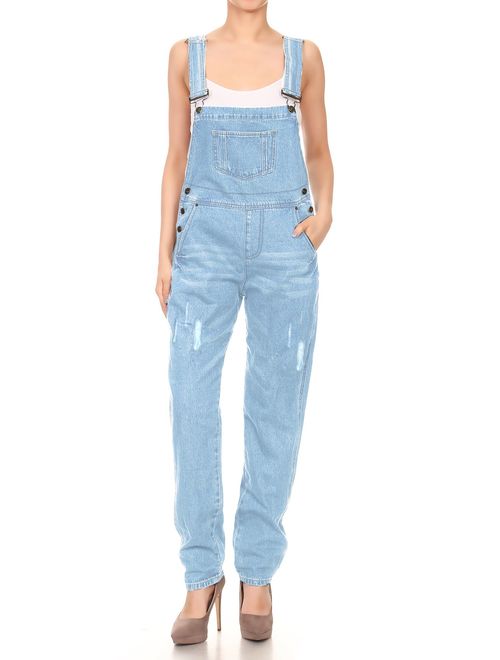 Anna Kaci ANNA-KACI Womens Distressed Denim Overalls with Tapered Leg and Pockets