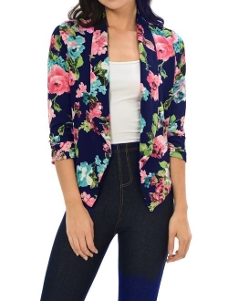 Auline Collection Womens Floral Casual Lightweight 3/4 Sleeve Fitted Open Blazer