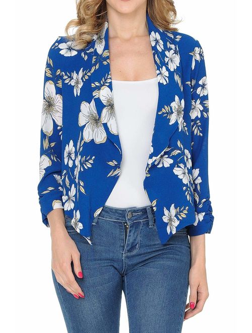 Auline Collection Womens Floral Casual Lightweight 3/4 Sleeve Fitted Open Blazer